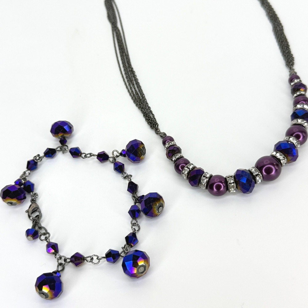 Gunmetal Purple Faux Pearl and AB Crystal Necklace and Bracelet Jewelry Set